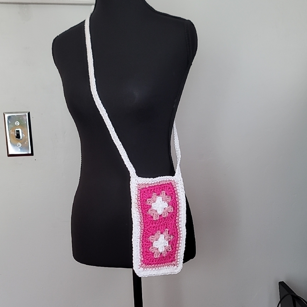 Hand Crafted  Pink and White Crochet Crossbody Cell Phone  Bag